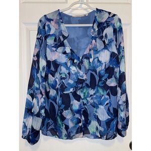 Soft‎ Surroundings Floral Ruffle Blouse Long Sleeve Sheer Blue Size L